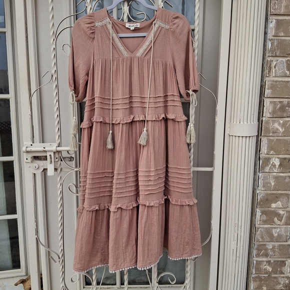 Listicle Tassel Tie Tiered Midi Flowy Boho Cotton Pink Dress Women Size Small - Picture 5 of 16